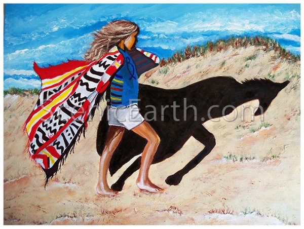 The Shadow Walker of Nags Head - A painting of a young blonde haired girl walking along the sand dunes of Nags Head seeing her shadow as a horse reflecting her dreams of her best friend, a Nag named Shadow